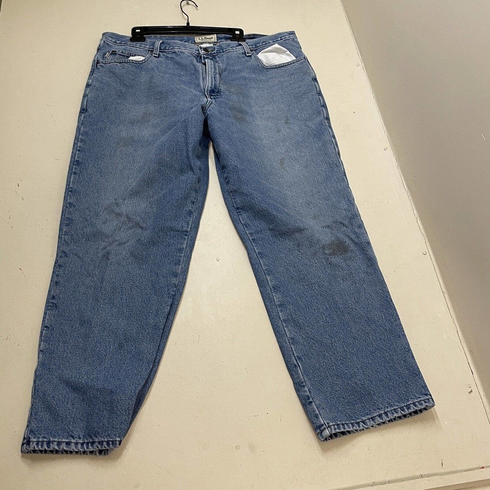 LL Bean Natural Fit Plaid Lined Outdoor Men's Denim Blue Jeans 42x30L Straight